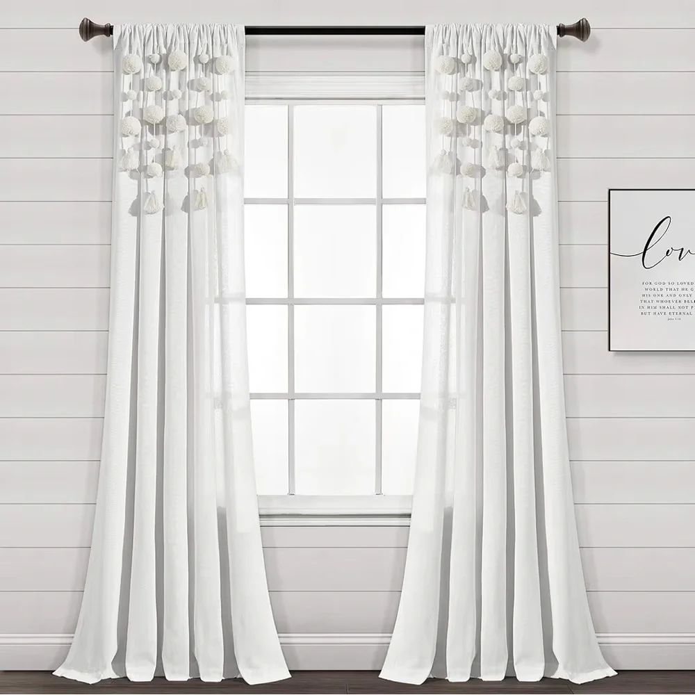 Lush Decor Boho Pom Pom Tassel Linen Textured Window Curtain Panel, Single panel